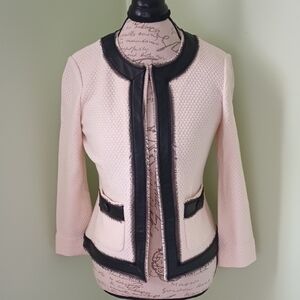 St. John  Knit Vanilla & Black Leather & Silk Trim Lady Jacket Sz 6 Quiet Luxury